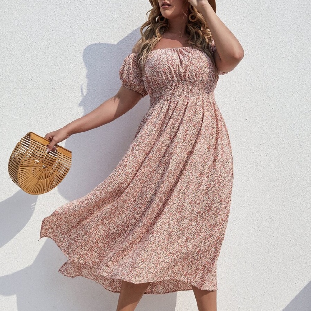 Boho Plus Floral Print Off Shoulder Slit Maxi Dress - Picture 1 of 5
